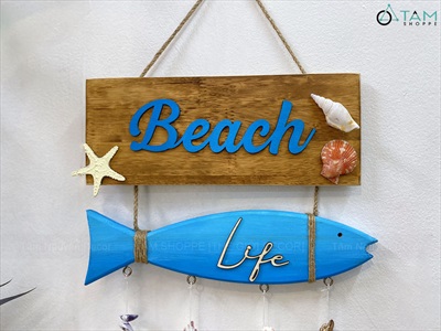 Bảng treo chủ đề biển Beach Life Cá Xanh treo ốc [dây thừng - vỏ ốc thật] KT55x32cm BTC-BIEN-03